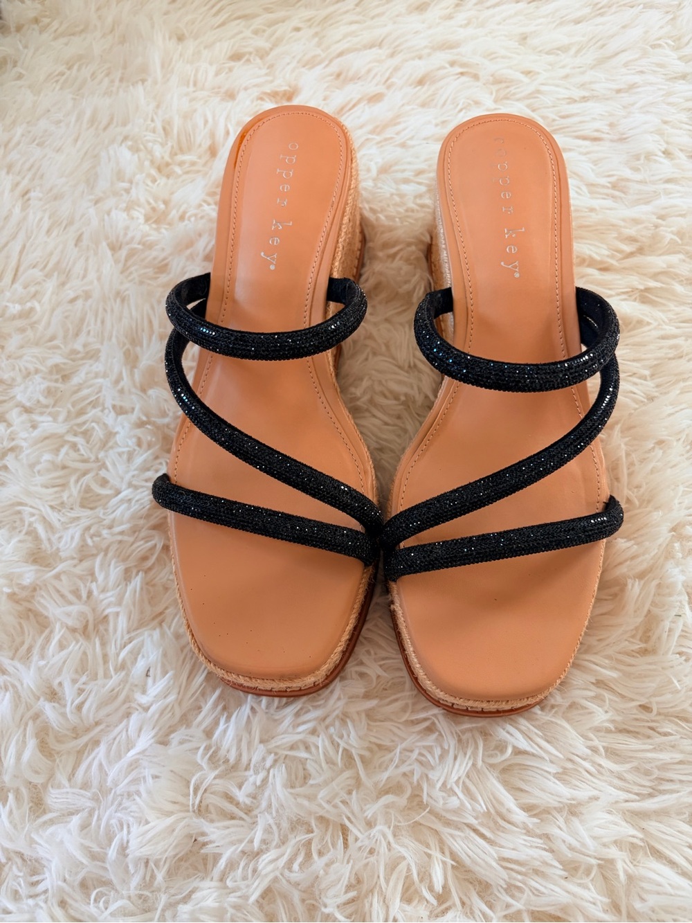 Copper Key Black Glitter Strappy Tan Footbed Slide Mules